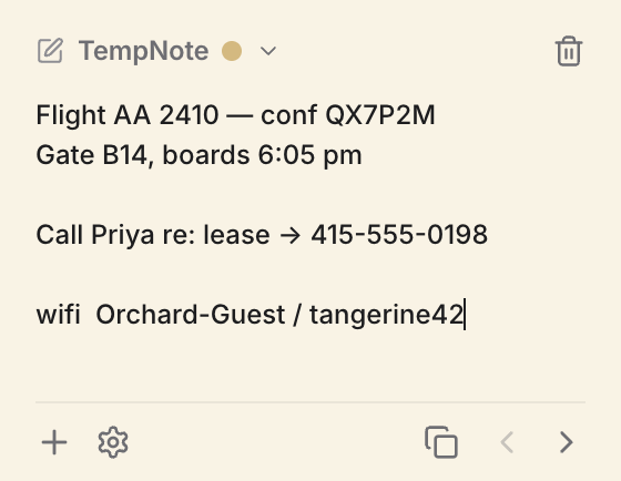 The TempNote Chrome popup: a sand note with a flight confirmation, plus and settings buttons on the left of the footer, copy and page arrows on the right.