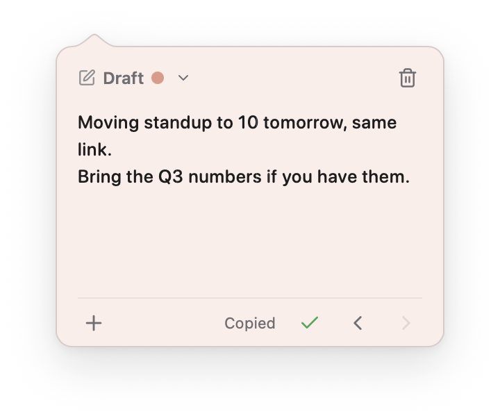 A coral note whose footer reads Copied beside a green check, after copying the whole note.