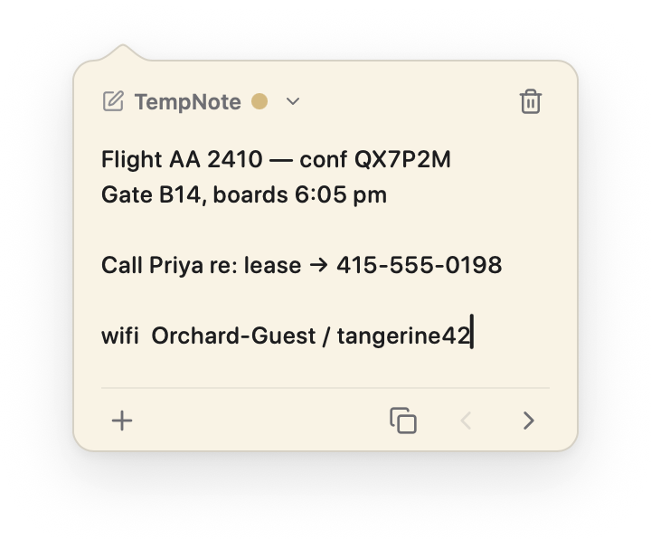 The TempNote popover open under the menu bar: a note holding a flight confirmation, a phone number and a wifi password.