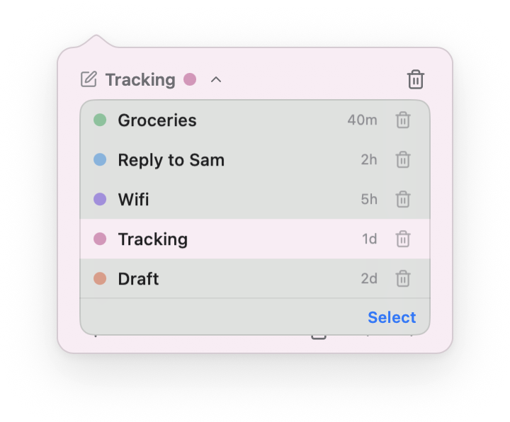 The note list open on a pink note: Groceries, Reply to Sam, Wifi, Tracking and Draft, each with a colour dot, a last-edited time and a trash button.