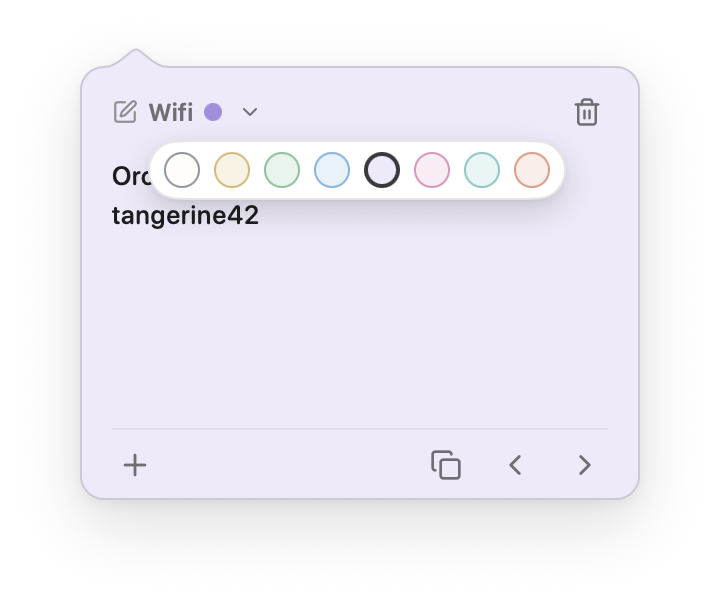 The colour picker open on a lavender note: eight round swatches in a white capsule.