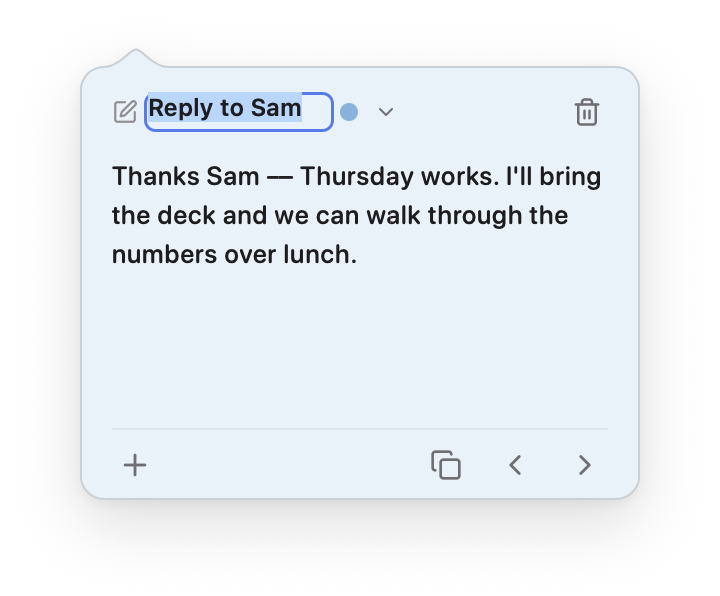 Renaming a sky-blue note: the name Reply to Sam selected inside a blue-ringed field in the header.