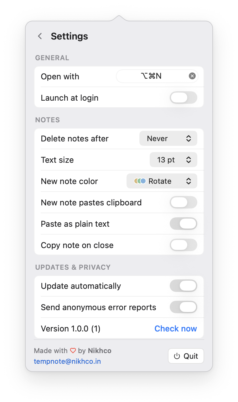 Settings: Open with ⌥⌘N, Launch at login, Delete notes after Never, Text size, New note colour, New note pastes clipboard, Paste as plain text, Copy note on close, Update automatically, Send anonymous error reports, the version number and a Quit button.