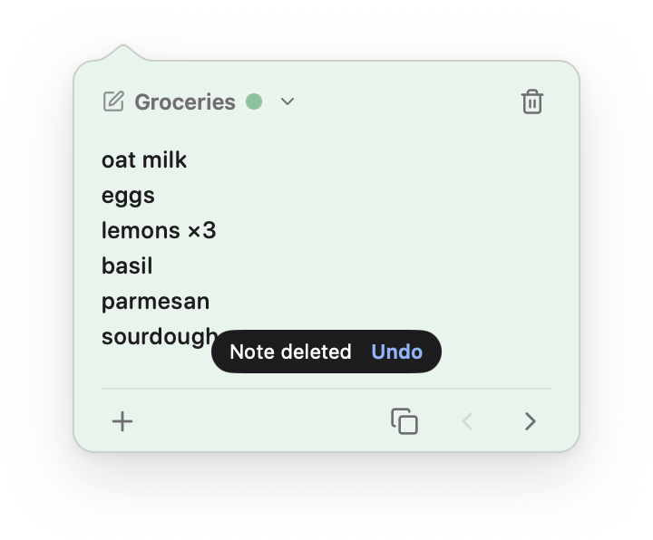 A dark toast reading Note deleted with an Undo link, over a mint note.